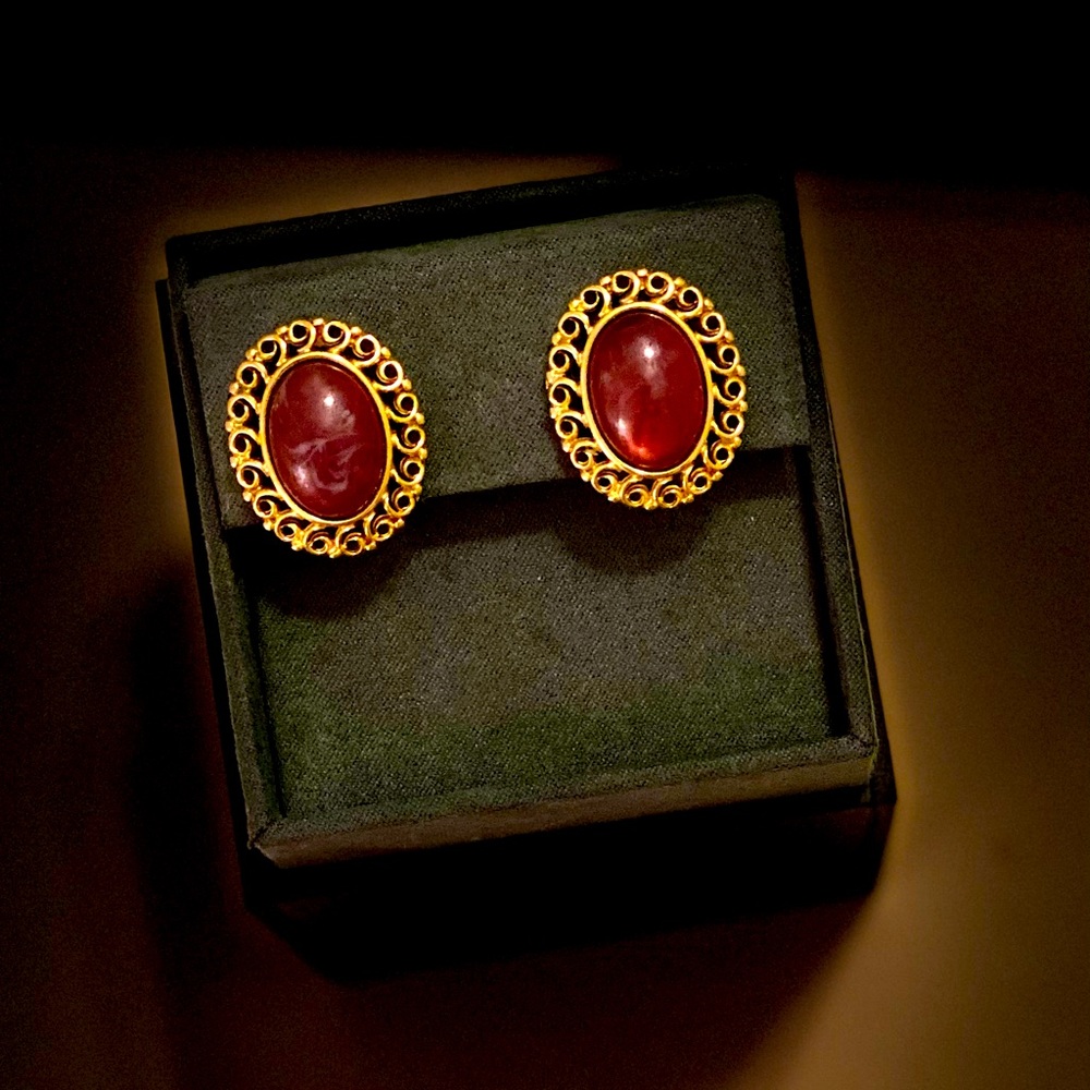 Trifari Red and Gold Oval Earrings